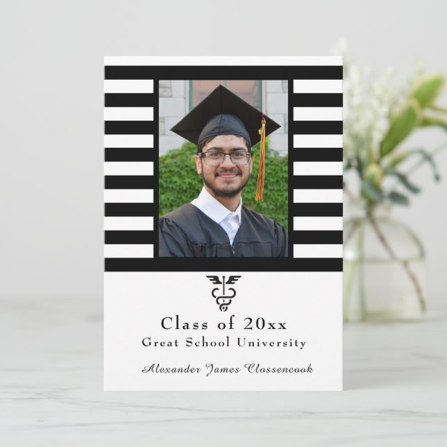 Medical Health Care Black White stripe graduate Announcement (Standing Front)