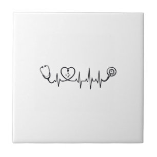 Medical Heartbeat Stethoscope Vector Shirt Design_ Ceramic Tile