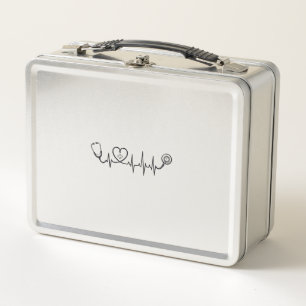 Medical Heartbeat Stethoscope Vector Shirt Design_ Metal Lunch Box