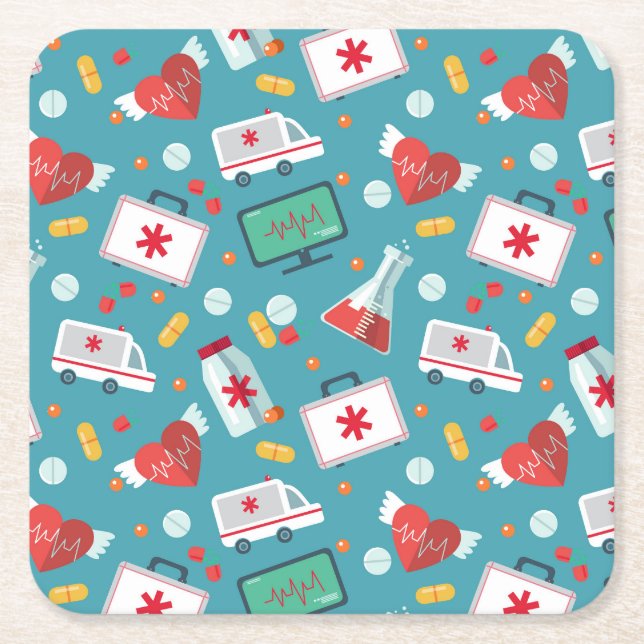 Medical Icon Pattern Square Paper Coaster (Front)