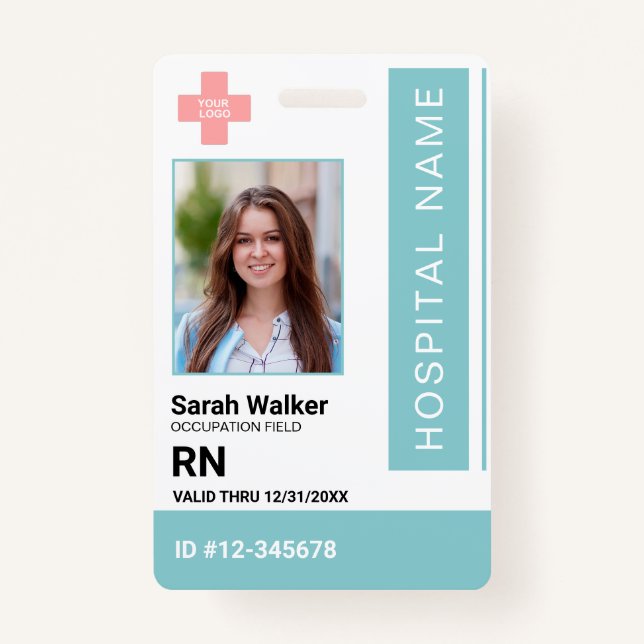 Medical ID photo employee Hospital light turquoise ID Badge (Front)