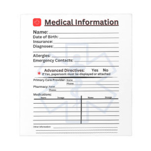Medical Information Emergency Refrigerator Notepad