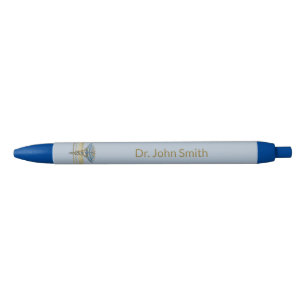 Medical Light Blue Caduceus Faux Gold Foil Stripes Ink Pen