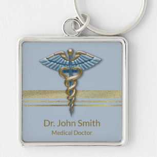 Medical Light Blue Caduceus Faux Gold Foil Stripes Key Ring