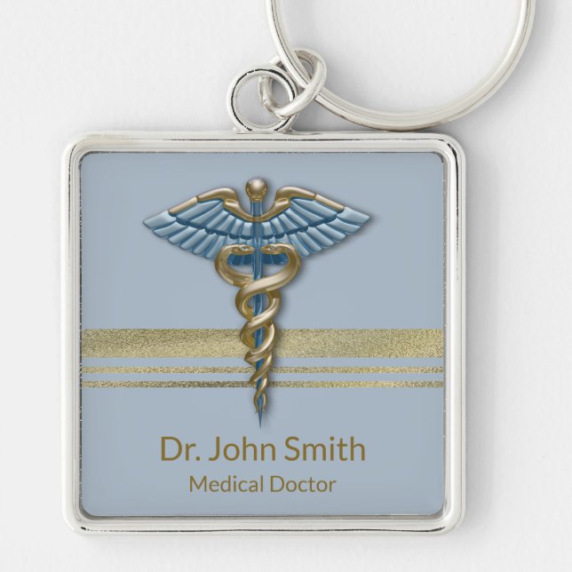 Medical Light Blue Caduceus Faux Gold Foil Stripes Key Ring (Front)