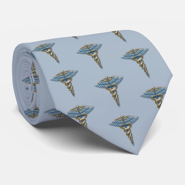 Medical Light Blue Caduceus Gold Pattern Tie (Rolled)
