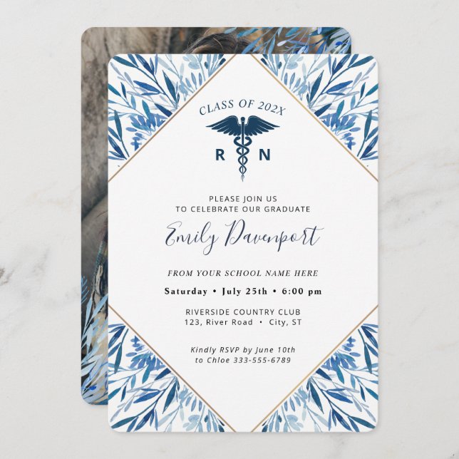 Medical Logo Blue Graduation Invitation Greenery (Front/Back)