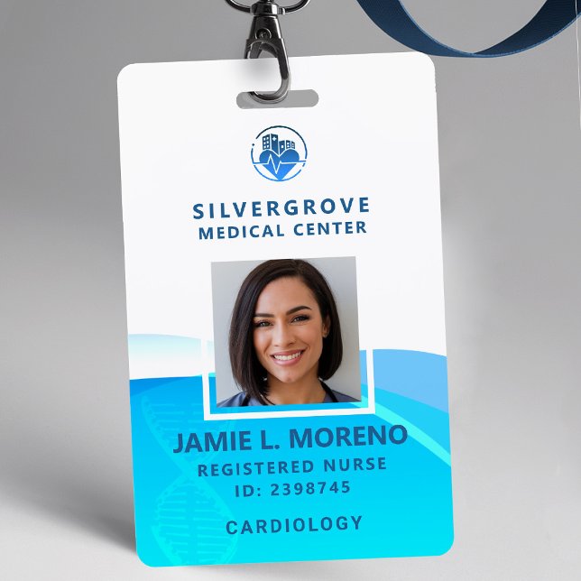 Medical Logo Healthcare Modern Aqua Photo Nurse ID Badge (nurse id badge custom hospital clinic medical center office clinic blue aqua logo photo qr code)