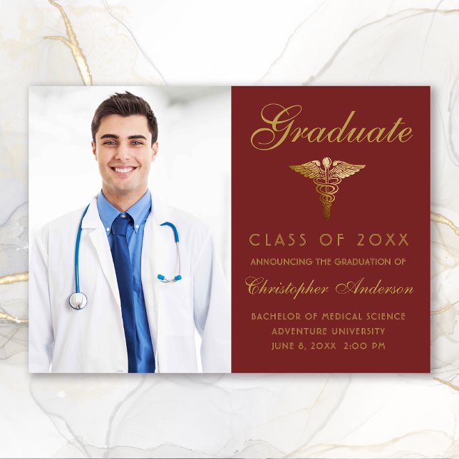 Medical Maroon Gold Caduceus Photo Graduation Announcement (Medical Maroon Gold Script Photo College Graduation Announcement)