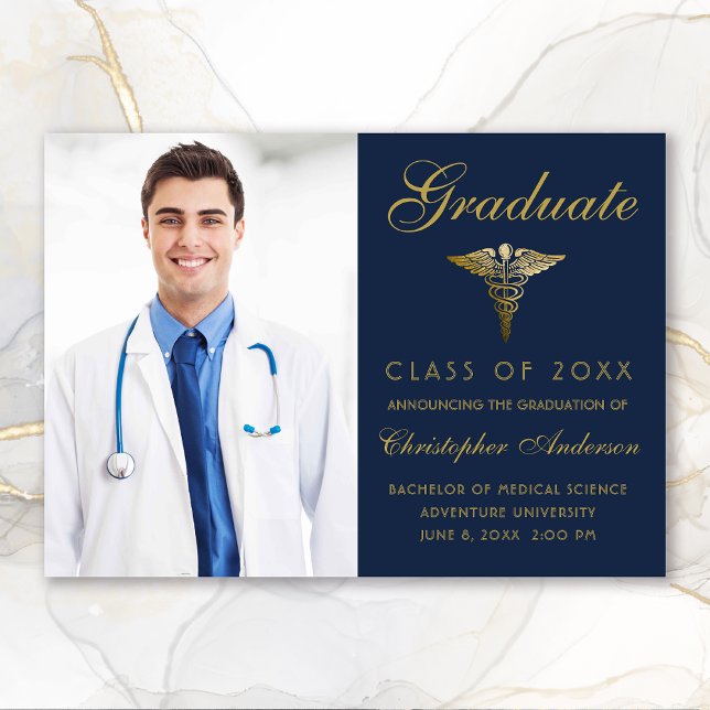 Medical Navy Blue Gold Caduceus Photo Graduation Announcement (Medical Navy Blue Gold Script Photo College Graduation Announcement)