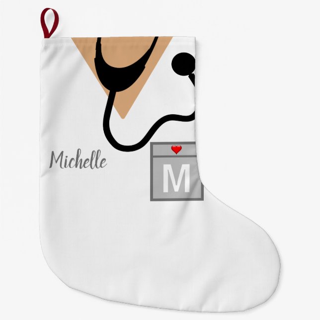 Medical Nurse Scrub Top Monogram Personalized Large Christmas Stocking (Front)