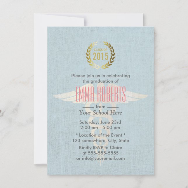 Medical & Nursing School Blue Linen Graduation Invitation (Front)