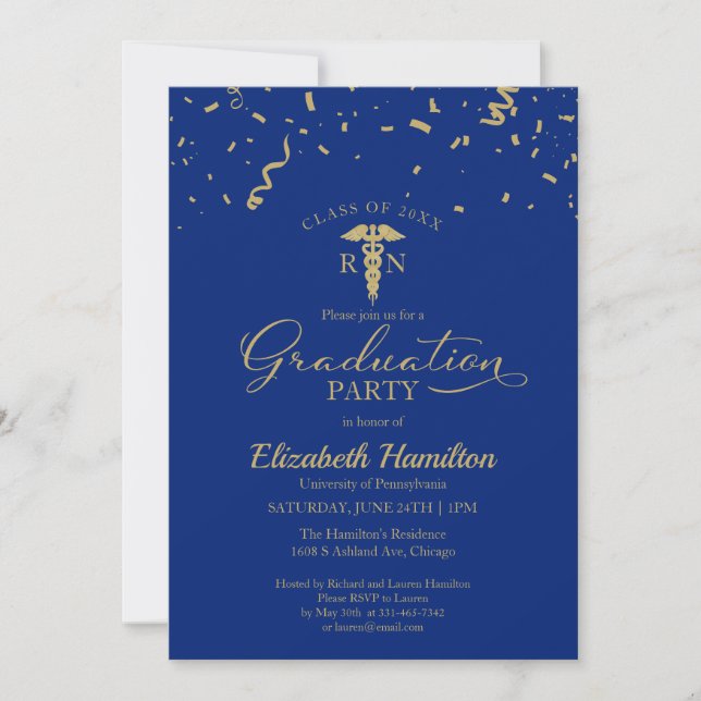Medical Nursing School Grad Party Gold Blue Invitation (Front)