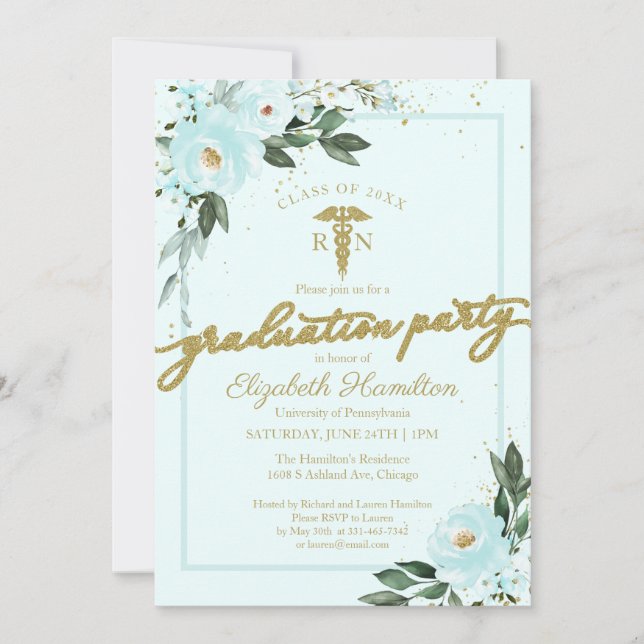 Medical Nursing School Grad Party Teal Floral Invitation (Front)