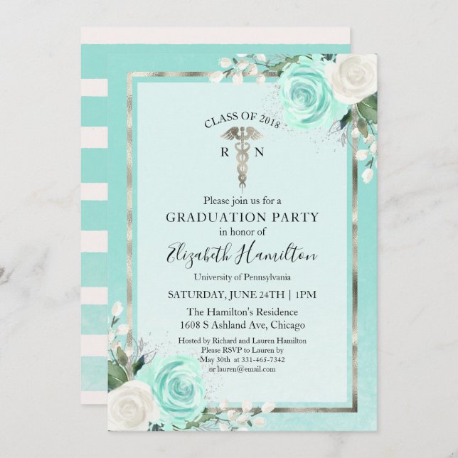 Medical Nursing School Grad Party Teal Floral Invitation (Front/Back)