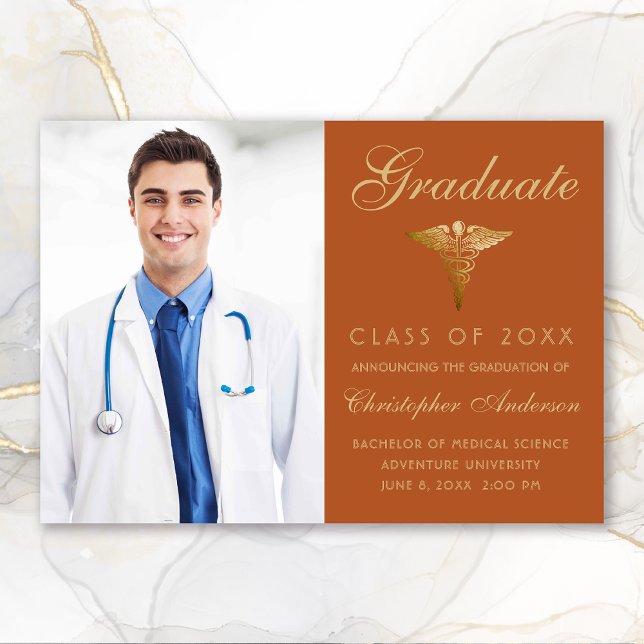Medical Orange Gold Caduceus Photo Graduation Announcement (Medical Orange Gold Script Photo College Graduation Announcement)
