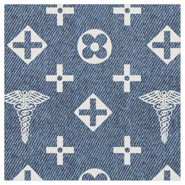 Medical pattern. Doctors logo. Blue jeans Fabric (Close Up)