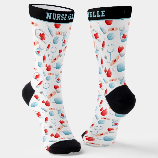 Medical Pattern Name Monogram Nurse Crew Socks (Angled)
