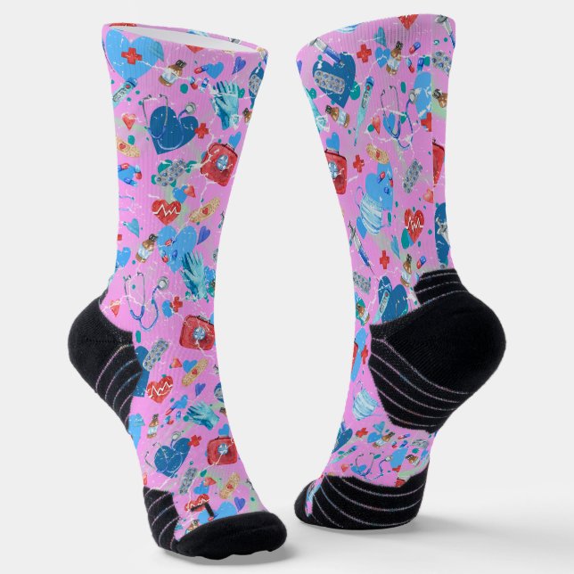 Medical Print on Strong Pink Background  Socks (Angled)