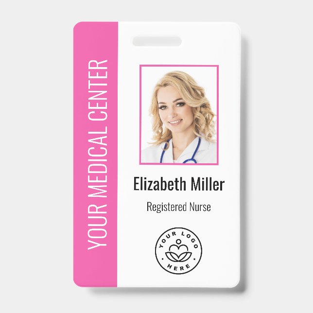 Medical Professional Custom Photo & Text Pink ID Badge (Front)