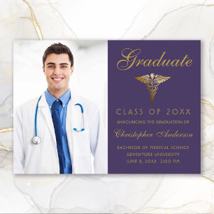 Medical Purple Gold Caduceus Photo Graduation Announcement
