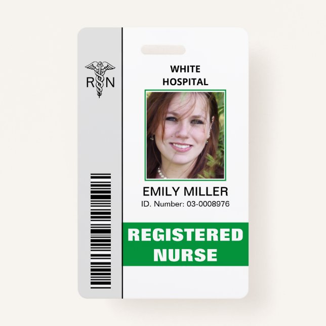 Medical RN employee caduceus green photo template ID Badge (Front)