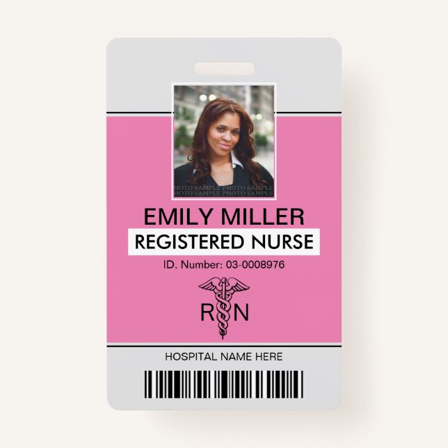 Medical RN employee caduceus pink photo template ID Badge (Front)