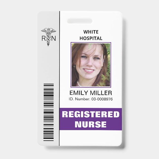 Medical RN employee caduceus purple photo template ID Badge (Front)