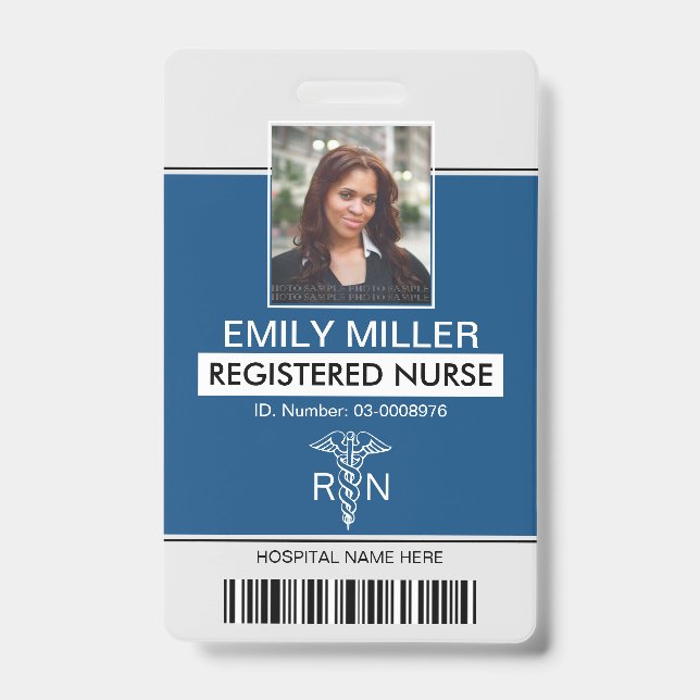 Medical RN employee classic blue photo template ID Badge (Front)