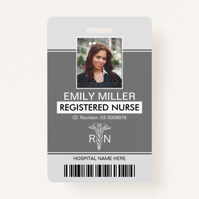 Medical RN employee classic grey photo template ID Badge (Front)