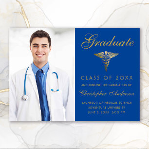 Medical Royal Blue Gold Caduceus Photo Graduation Announcement