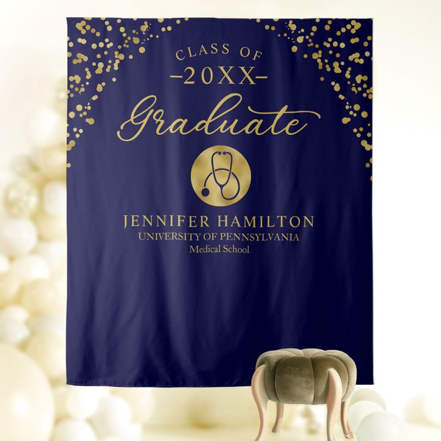 Medical School Blue Gold Graduation Backdrop Tapestry (Creator Uploaded)