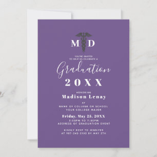 Medical School Graduation Caduceus Purple Script Invitation