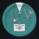 Medical School Graduation Paper Plate<br><div class="desc">Unique medical-themed design featuring hospital scrubs,  stethoscope,  and Swiss Army knife. Edit text to add doctor's name.</div>