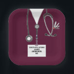Medical School Graduation Party Paper Plate<br><div class="desc">Unique medical school graduation party plates featuring creative maroon hospital scrubs,  stethoscope,  and Swiss Army knife. To personalise,  edit text to add name.</div>