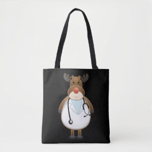 Medical Scrub Top Reindeer Nurse with Stethoscope Tote Bag