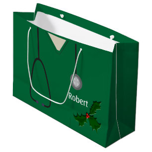 Medical Scrubs Green Holly Lg Gift Bag