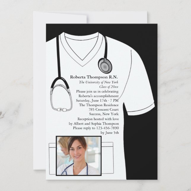 Medical Scrubs White Photo Graduation Invitation (Front)