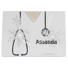 Medical Scrubs White Snowflake Lg Gift Bag