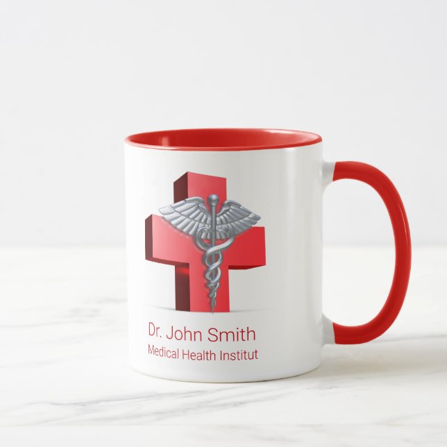 Medical Silver 3D Caduceus Cross Red Mug (Right)