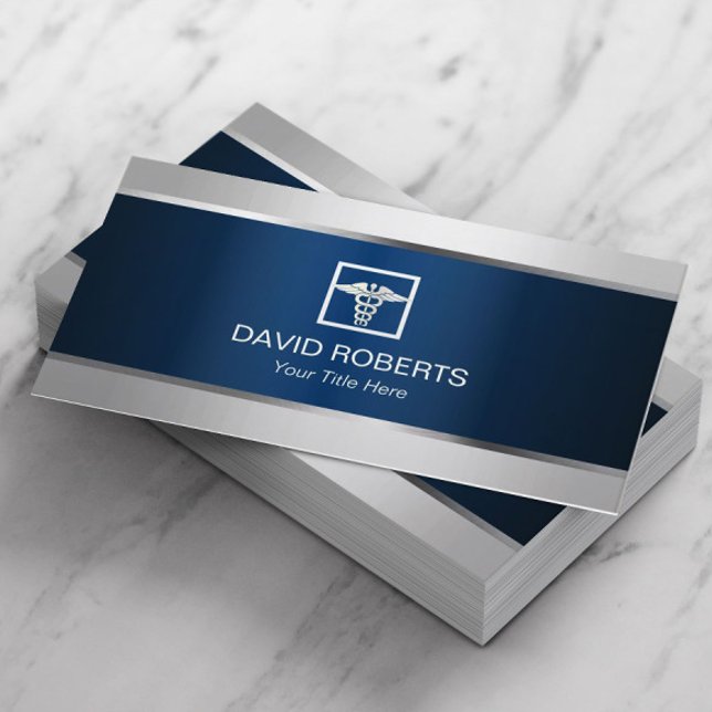 Medical Silver Border Elegant Navy Blue Metallic Business Card (Creator Uploaded)