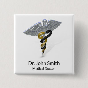 Medical Silver Caduceus Black Gold - Button