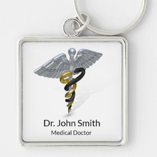 Medical Silver Caduceus Black Gold - Keychain