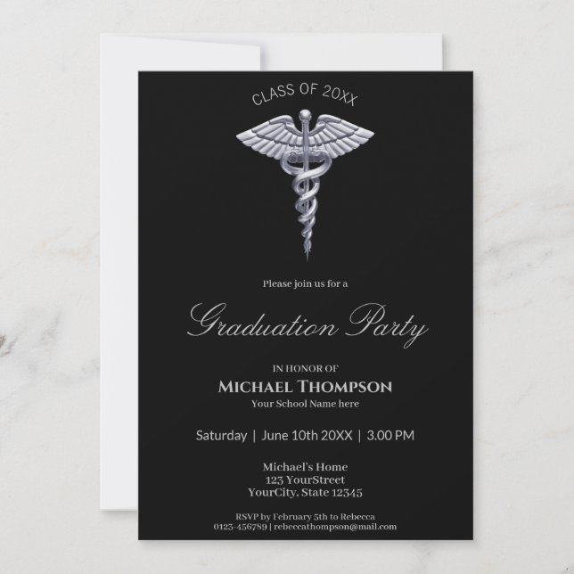 Medical Silver Caduceus Black Graduate Invitation (Front)