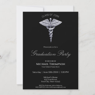 Medical Silver Caduceus Black Graduate Invitation