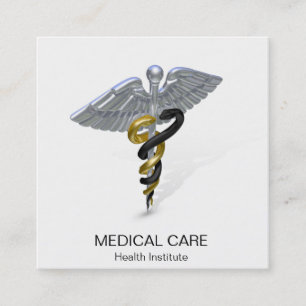 Medical Silver Caduceus Black Square Business Card