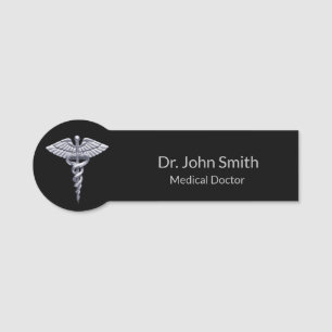 Medical Silver Caduceus Classy on Black Name Tag