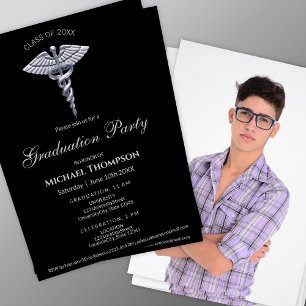 Medical Silver Caduceus Dark Graduation Photo Invitation