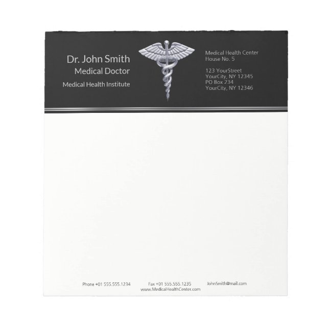 Medical Silver Classy Caduceus on Black Notepad (Front)
