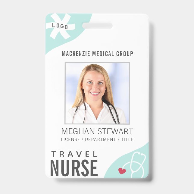 Medical Stethoscope Editable Mint TRAVEL NURSE ID Badge (Front)